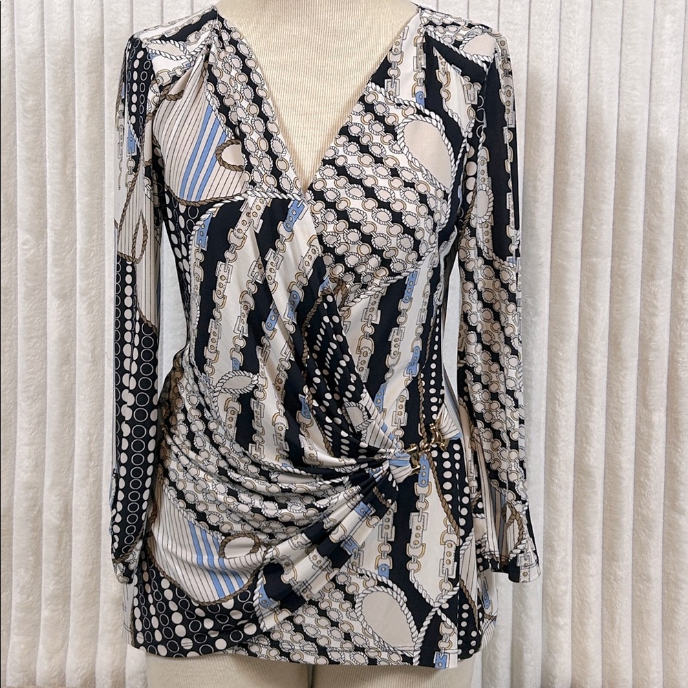 Vintage cache, faux wrap front 3/4 sleeve, nautical print blouse sz M